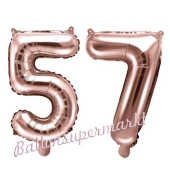 Zahlen-Luftballons aus Folie, Zahl 57 zum 57. Geburtstag und Jubiläum, Rosegold, 35 cm