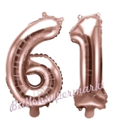 Zahlen-Luftballons aus Folie, Zahl 61 zum 61. Geburtstag und Jubiläum, Rosegold, 35 cm