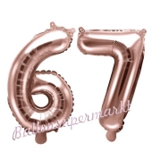 Zahlen-Luftballons aus Folie, Zahl 67 zum 67. Geburtstag und Jubiläum, Rosegold, 35 cm