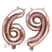 Zahlen-Luftballons aus Folie, Zahl 69 zum 69. Geburtstag und Jubiläum, Rosegold, 35 cm