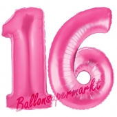 Zahl 16, Pink, Luftballons aus Folie zum 16. Geburtstag, 100 cm, inklusive Helium