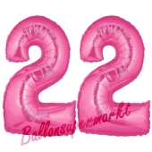 Zahl 22 Pink, Luftballons aus Folie zum 22. Geburtstag, 100 cm, inklusive Helium