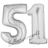 Zahl 51, Silber, Luftballons aus Folie zum 51. Geburtstag, 100 cm, inklusive Helium