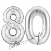 Zahl 80, Silber, Luftballons aus Folie zum 80. Geburtstag