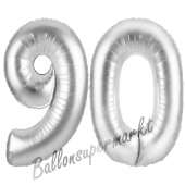 Zahl 90, Silber, Luftballons aus Folie zum 90. Geburtstag