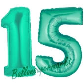 Zahl 15, Aquamarin, Luftballons aus Folie zum 15. Geburtstag, 100 cm, inklusive Helium