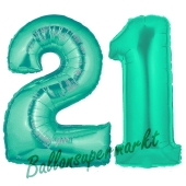 Zahl 21, Aquamarin, Luftballons aus Folie zum 21. Geburtstag, 100 cm, inklusive Helium