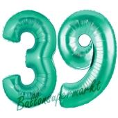 Zahl 39 Aquamarin, Luftballons aus Folie zum 39. Geburtstag, 100 cm, inklusive Helium