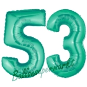 Zahl 53 Aquamarin, Luftballons aus Folie zum 53. Geburtstag, 100 cm, inklusive Helium