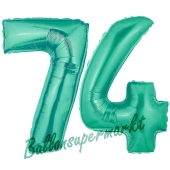 Zahl 74 Aquamarin, Luftballons aus Folie zum 74. Geburtstag, 100 cm, inklusive Helium