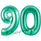 Zahl 90, Aquamarin, Luftballons aus Folie zum 90. Geburtstag