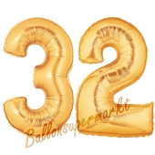 Zahl 32, Gold, Luftballons aus Folie zum 32. Geburtstag, 100 cm, inklusive Helium