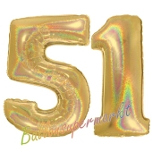 Zahl 51, holografisch, Gold, Luftballons aus Folie zum 51. Geburtstag, 100 cm, inklusive Helium