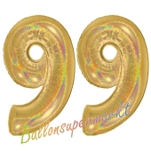 Zahl 99, holografisch, Gold, Luftballons aus Folie zum 99. Geburtstag, 100 cm, inklusive Helium