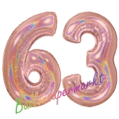 Zahl 63, holografisch, Rosegold, Luftballons aus Folie zum 63. Geburtstag, 100 cm, inklusive Helium