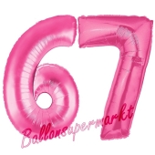 Zahl 67, Pink, Luftballons aus Folie zum 67. Geburtstag, 100 cm, inklusive Helium