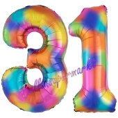 Zahl 31 Regenbogen, Zahlen Luftballons aus Folie zum 31. Geburtstag, inklusive Helium