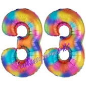 Zahl 33 Regenbogen, Zahlen Luftballons aus Folie zum 33. Geburtstag, inklusive Helium