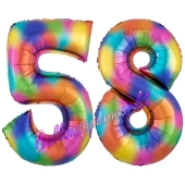 Zahl 58 Regenbogen, Zahlen Luftballons aus Folie zum 58. Geburtstag, inklusive Helium