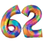 Zahl 62 Regenbogen, Zahlen Luftballons aus Folie zum 62. Geburtstag, inklusive Helium