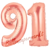 Zahl 91 Rosegold Luftballons aus Folie zum 91. Geburtstag, 100 cm, inklusive Helium