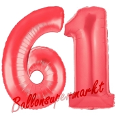 Zahl 61, Rot, Luftballons aus Folie zum 61. Geburtstag, 100 cm, inklusive Helium