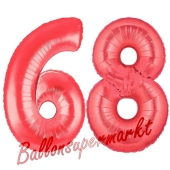 Zahl 68, Rot, Luftballons aus Folie zum 68. Geburtstag, 100 cm, inklusive Helium