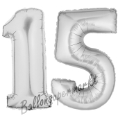 Zahl 15 Silber, Luftballons aus Folie zum 15. Geburtstag, 100 cm, inklusive Helium