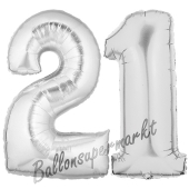 Zahl 21, Silber, Luftballons aus Folie zum 21. Geburtstag, 100 cm, inklusive Helium