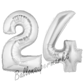 Zahl 24, Silber, Luftballons aus Folie zum 24. Geburtstag, 100 cm, inklusive Helium