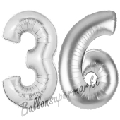 Zahl 36, Silber, Luftballons aus Folie zum 36. Geburtstag, 100 cm, inklusive Helium
