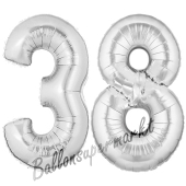 Zahl 38, Silber, Luftballons aus Folie zum 38. Geburtstag, 100 cm, inklusive Helium