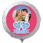 Fotoballon mit Hochzeitspaar, personalisiert, mit Namen der Brautleute und Datum des Hochzeitstages, weißer Rundballon mit Helium