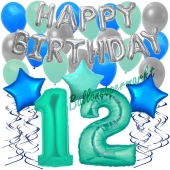 12. Geburtstag Dekorations-Set mit Ballons Happy Birthday Aquamarin, 34 Teile
