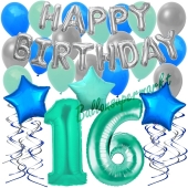 16. Geburtstag Dekorations-Set mit Ballons Happy Birthday Aquamarin, 34 Teile