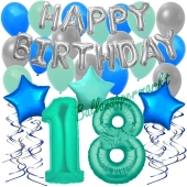 18. Geburtstag Dekorations-Set mit Ballons Happy Birthday Aquamarin, 34 Teile