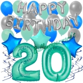 20. Geburtstag Dekorations-Set mit Ballons Happy Birthday Aquamarin, 34 Teile