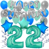 22. Geburtstag Dekorations-Set mit Ballons Happy Birthday Aquamarin, 34 Teile