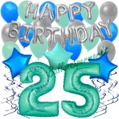 25. Geburtstag Dekorations-Set mit Ballons Happy Birthday Aquamarin, 34 Teile