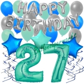 27. Geburtstag Dekorations-Set mit Ballons Happy Birthday Aquamarin, 34 Teile