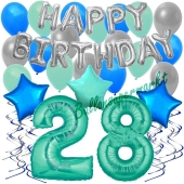 28. Geburtstag Dekorations-Set mit Ballons Happy Birthday Aquamarin, 34 Teile