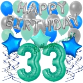 33. Geburtstag Dekorations-Set mit Ballons Happy Birthday Aquamarin, 34 Teile