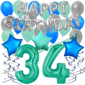 34. Geburtstag Dekorations-Set mit Ballons Happy Birthday Aquamarin, 34 Teile