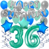 36. Geburtstag Dekorations-Set mit Ballons Happy Birthday Aquamarin, 34 Teile