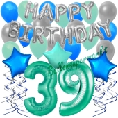 39. Geburtstag Dekorations-Set mit Ballons Happy Birthday Aquamarin, 34 Teile
