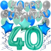 40. Geburtstag Dekorations-Set mit Ballons Happy Birthday Aquamarin, 34 Teile