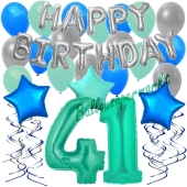 41. Geburtstag Dekorations-Set mit Ballons Happy Birthday Aquamarin, 34 Teile