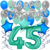 45. Geburtstag Dekorations-Set mit Ballons Happy Birthday Aquamarin, 34 Teile