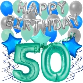 50. Geburtstag Dekorations-Set mit Ballons Happy Birthday Aquamarin, 34 Teile