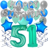 51. Geburtstag Dekorations-Set mit Ballons Happy Birthday Aquamarin, 34 Teile